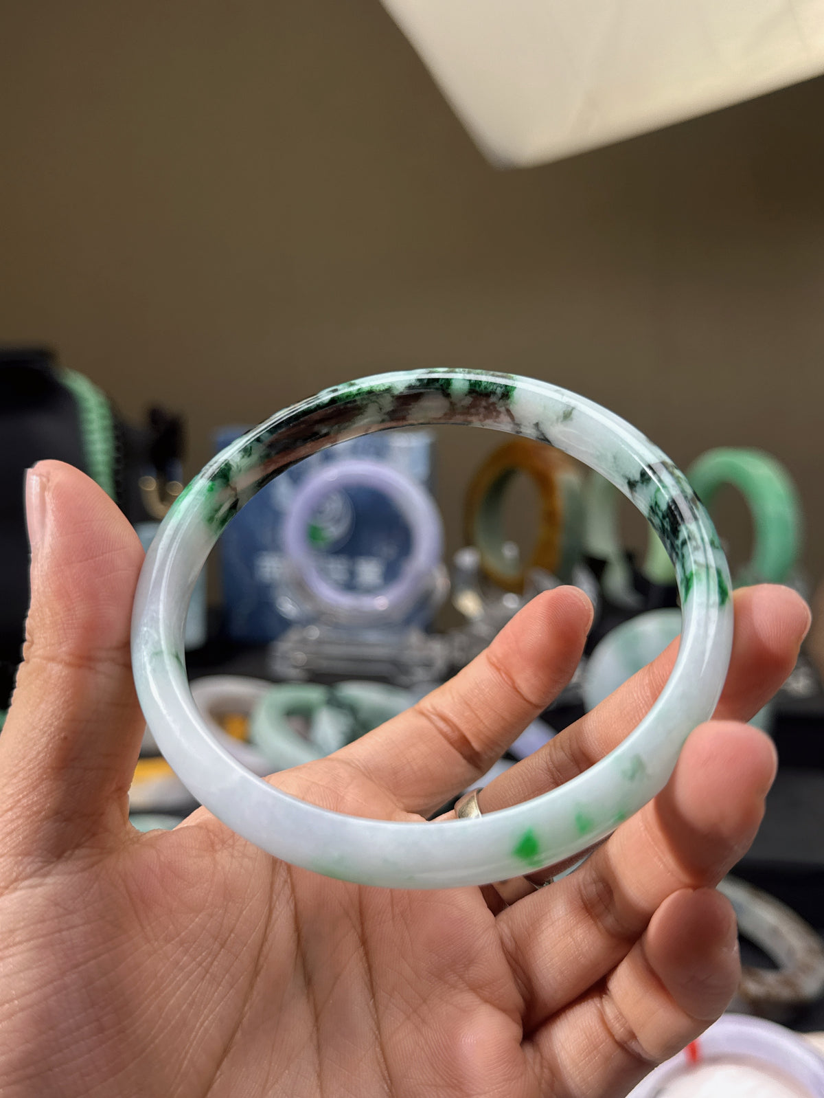 Natural Jade Bangle, White Base with Green Floral & Black Moss Inclusion