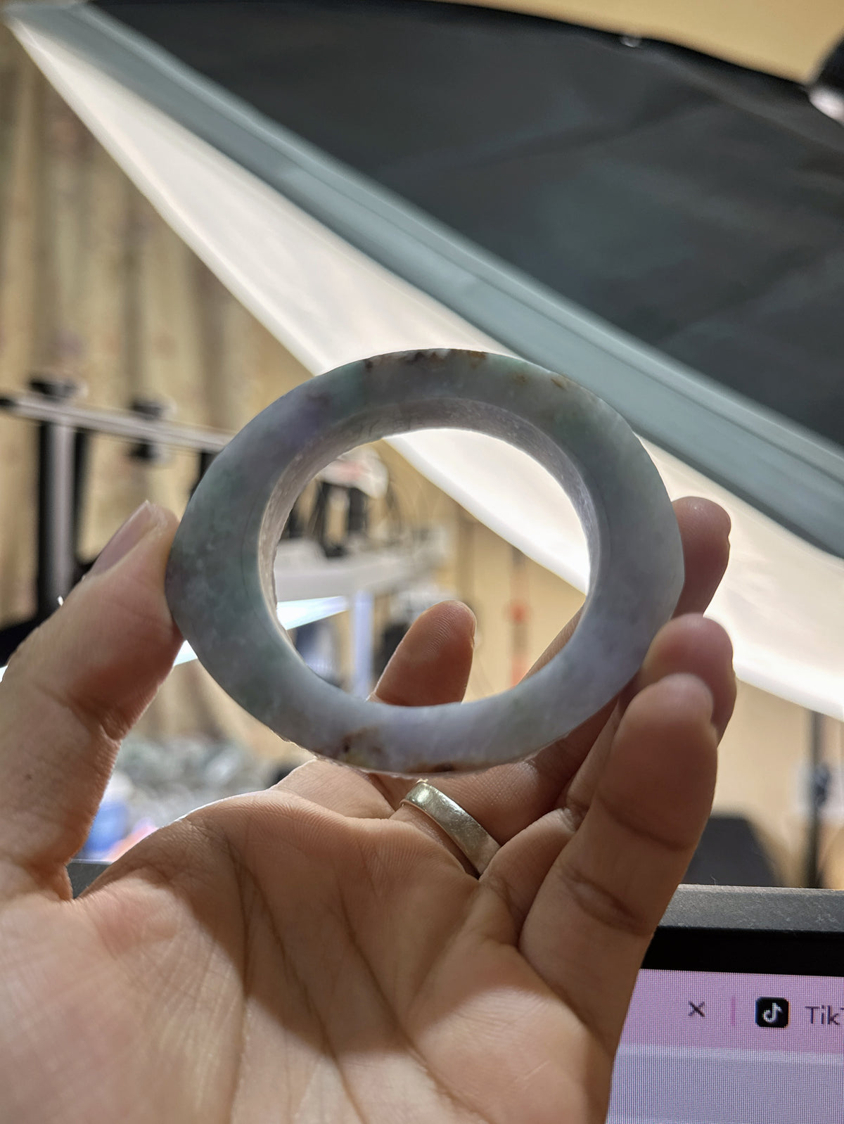 Natural Lavender Green Jadeite Bangle,Spring‑Color Jade Bangle Preform With Golden Inclusions