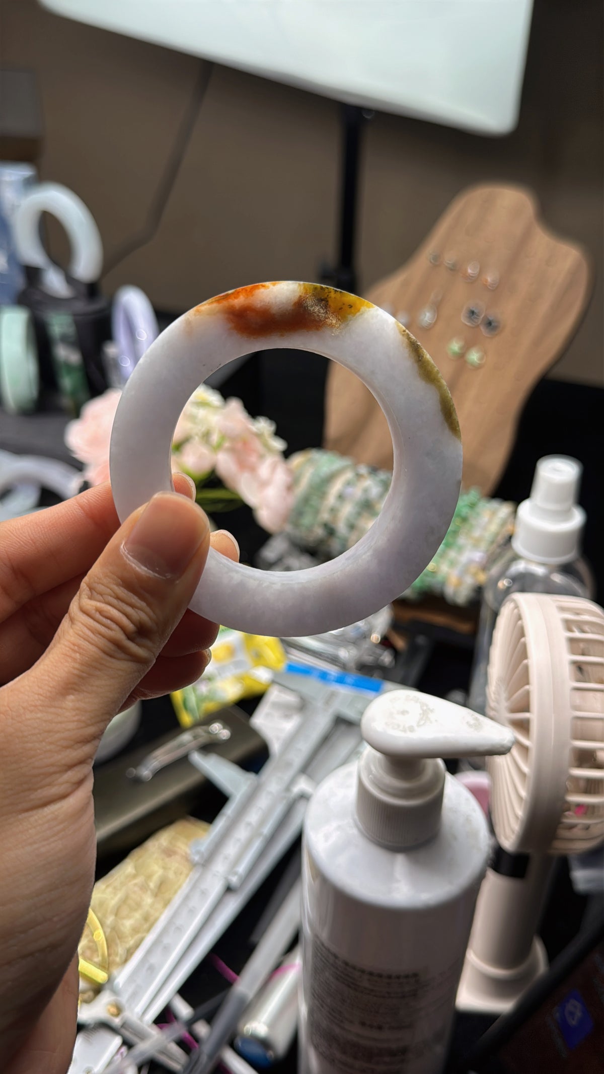 Natural Type‑A Jade Bangle , Tri‑Color Lavender Red‑Yellow Bangle/Lavender Base with Red‑Fei Splash