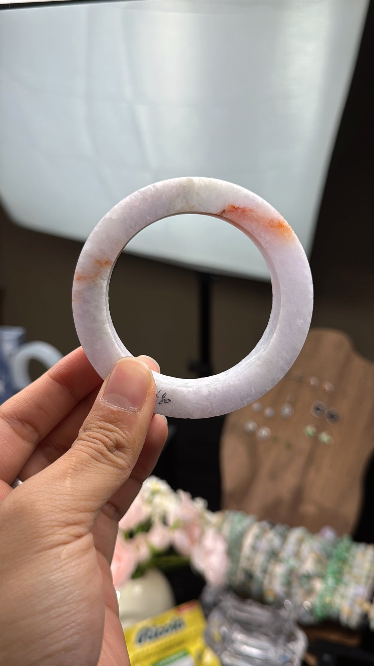 Natural Type‑A Jade Bangle , Tri‑Color Lavender Red‑Yellow Bangle/Lavender Base with Red‑Fei Splash